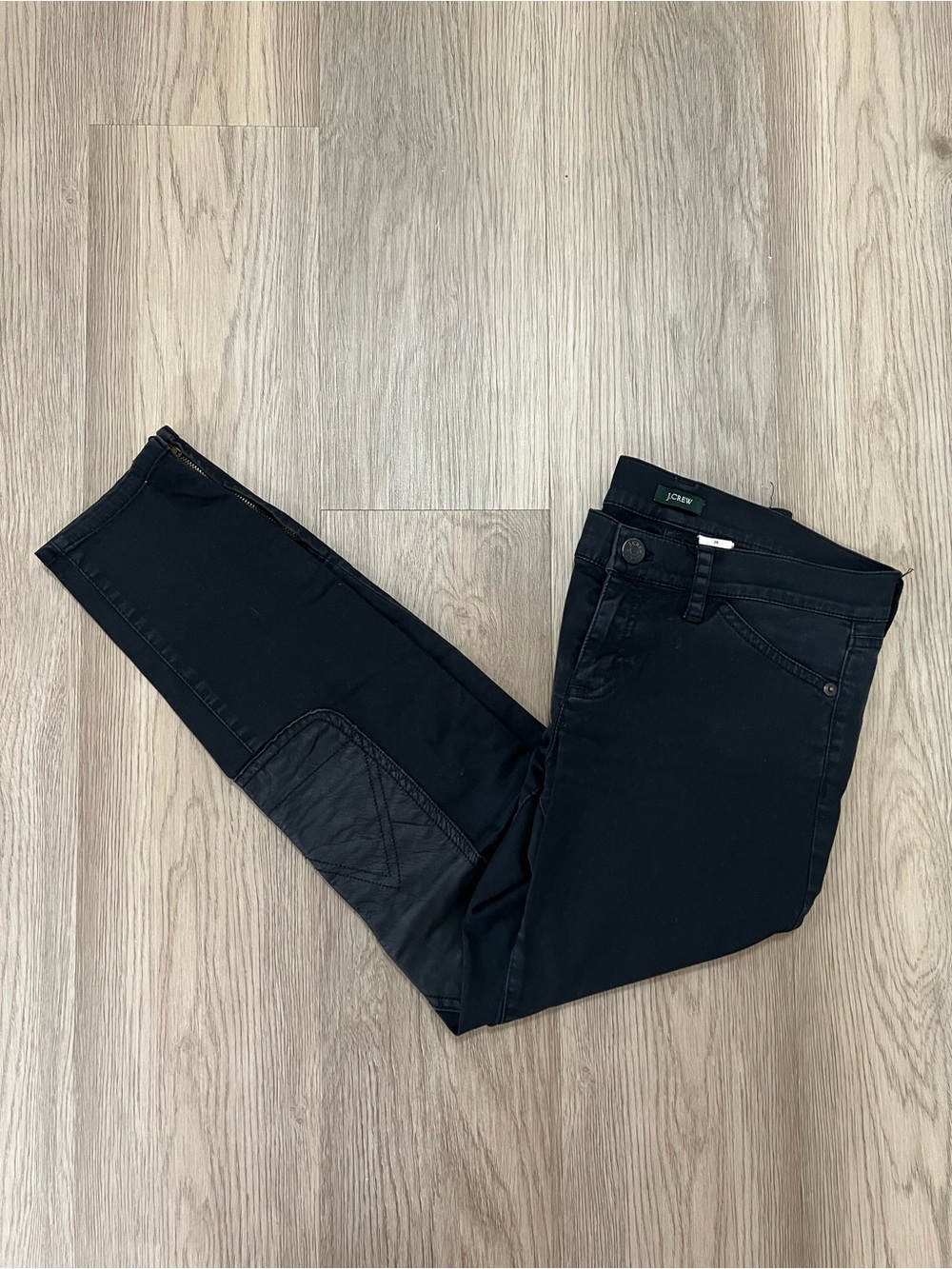 J.Crew Black Skinny Moto Riding Jeans Size 28 Leather Knee Patch Ankle Zip